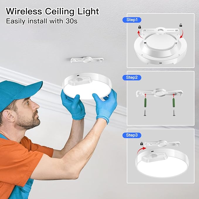 Homelist 2 Pack Newly Upgraded 8000mAh Rechargeable Ceiling Light | Motion Sensor, Battery-Operated Wireless Ceiling Light with Remote for Shower, Bathroom, Closet, Stairs, Shed, Hallway, Porch