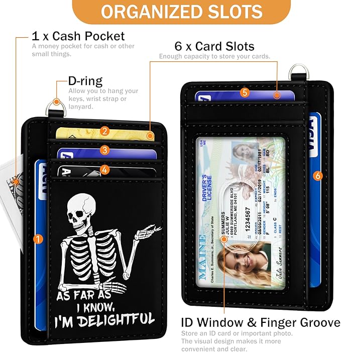 Yonlevres Skeleton Credit Card Holder Slim Wallet, RFID Wallet Women Front Pocket Wristlet Lanyard, Small Card Holder Travel Cute Thin Card Case ID Window PU Leather Funny Card Organizer Gifts Girls