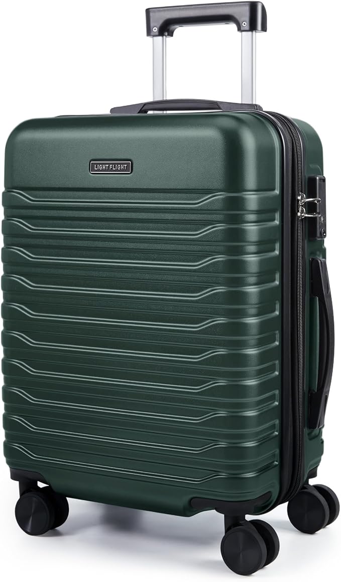 LIGHT FLIGHT Expandable Carry On Luggage 22x14x9 Airline Approved with Double Spinner Wheels, 20 Inch Lightweight Hard Shell Rolling Suitcases with TSA Lock, Pine Green