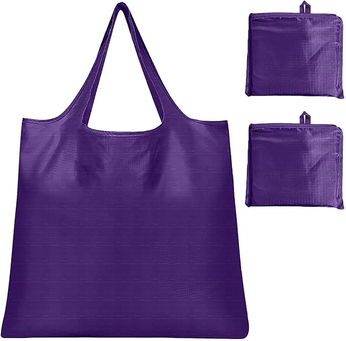 Washable Large Foldable Shopping Bag, Waterproof Reusable Grocery Bag Holder,for Shopping Reusable Tote Bags Large 50LBS,Tote Bags Nylon Bags(Purple+Purple)