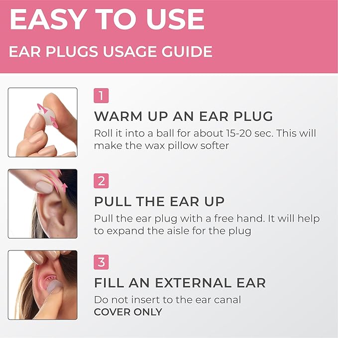 Peace&Quiet | PQ Silicone Ear Plugs for Sleeping - 15 Wax Earplugs for Sleep and Swimming, Soft Ear Covers for Sleeping, Wax Ear Plugs Noise Cancelling 32Db, Pink