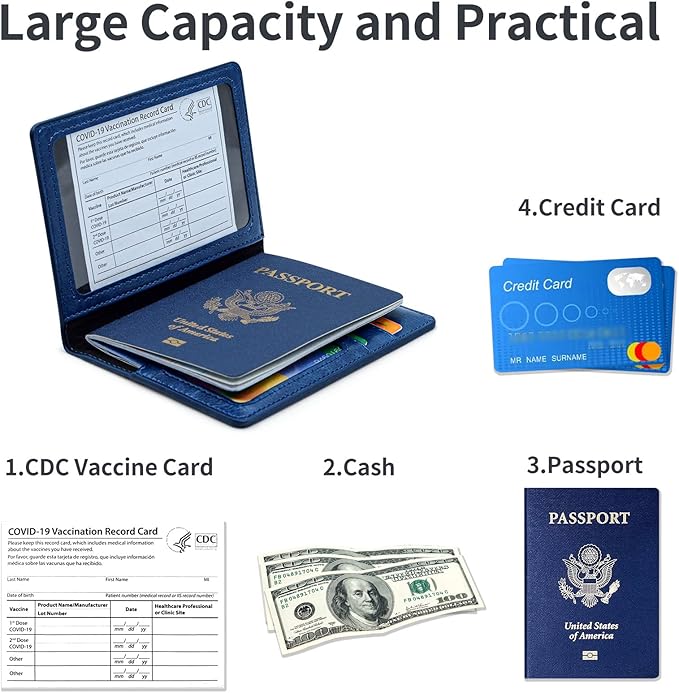 Passport Holder Cover Wallet Case RFID Blocking Leather Card Slot Travel Accessories Documents Organizer Protector for Women Men, Navy Blue