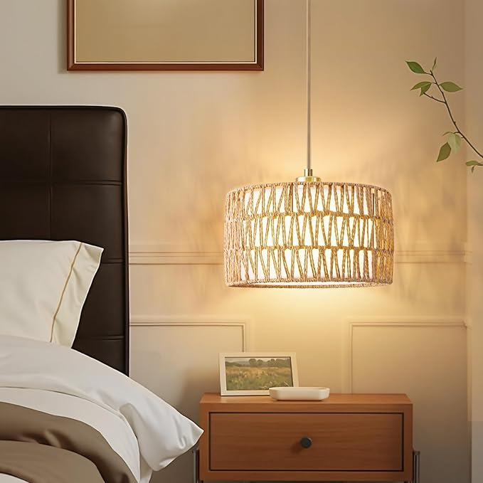 Plug in Pendant Light Rattan Hanging Lights with Plug in Cord | Woven & Fabric 2 in 1 LampShade, Hanging Lamp Plug in for Bedroom Living Room Kitchen Island (Bulb Included)