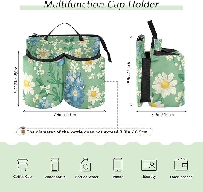Mint Green Bluebonnet and Daisy Flowers Luggage Cup Holder Travel Portable Free Hand Drink Carrier Suitcase Drinks Beverage Holder Carry-On Bottle Mug Holder Organizer Bag Travelers Accessorie