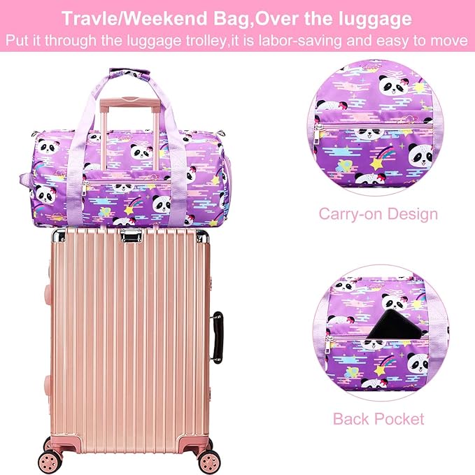 Gym Travel Duffle Bag for Girls - Gymnastics Sports Dance Bag with Shoe Compartment & Wet Pocket Panda Kids Travel Bag Teens Weekender Sleepover Carry On Bag