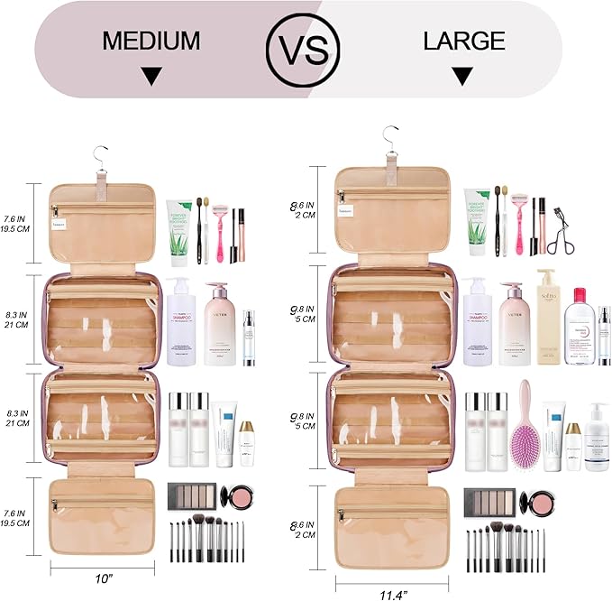 Travel Hanging Toiletry Bag for Women and Men, with 8 Leak Proofing Silicone Bottle Covers, Waterproof Makeup Accessories, Cosmetic Essentials, Toiletries Dopp Kit Set with Jewelry Organizer, Purple