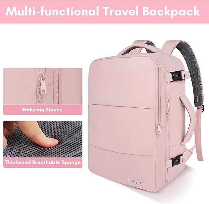 Taygeer Travel Backpack for Women, Carry On Backpack with Water Bottle Pocket & Shoe Pouch, TSA 15.6inch Laptop Mochila Flight Approved, Nurse Bag Casual Daypack for Weekender Business Hiking, Pink