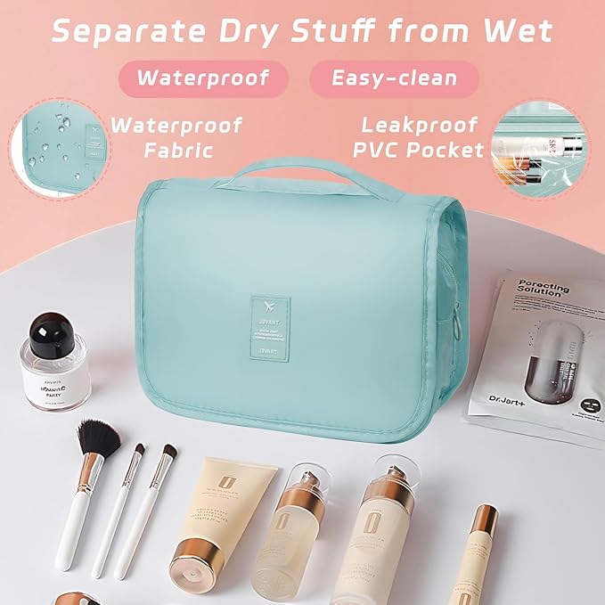 Toiletry Bag Travel Bag with Hanging Hook, Waterproof Capacity Hanging Multifunctional Makeup Bag for Toiletries, Portable Cosmetic Bag Travel Organizer for Women and Men(Light Blue)