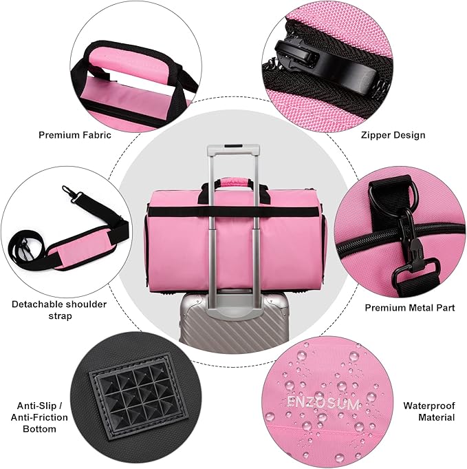 Carry On Garment Bag for Women, Durable Garment Duffle Bag for Travel with Shoes Compartment, Convertible & Foldable 2 in 1 Hanging Dress Weekender Suitcase Suit Travel Bag, Gifts for Women, Pink