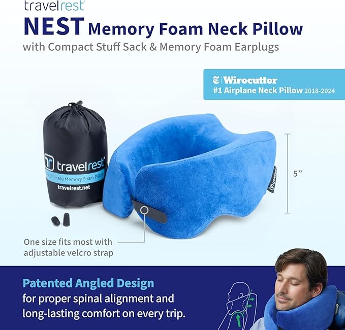 TRAVELREST Nest Neck Support Pillow - Travel Essentials, Memory Foam, Compact Travel Pillow for Long Flights, Plane Sleeping Accessories, Comfortable, Compact, Washable, Attaches to Luggage - Blue