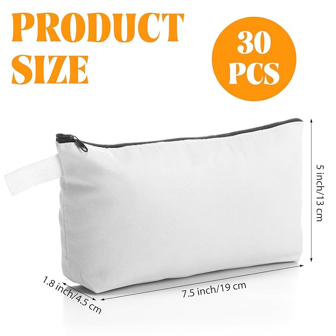 Saintrygo 30 Pcs Canvas Makeup Bags Bulk for Women Cosmetic Bags Small Travel Canvas Zipper Pouch Blank DIY Multipurpose Toiletry Hygiene Pouch for Women Purse Pencil Case(White,9.8 x 5 x 2 Inch)