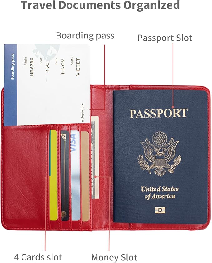 Passport Holder Cover and Card Case Slot Combo RFID Blocking Leather Travel Passport Wallet for Men and Women US Passport Protector Document Organizer,Bright Red