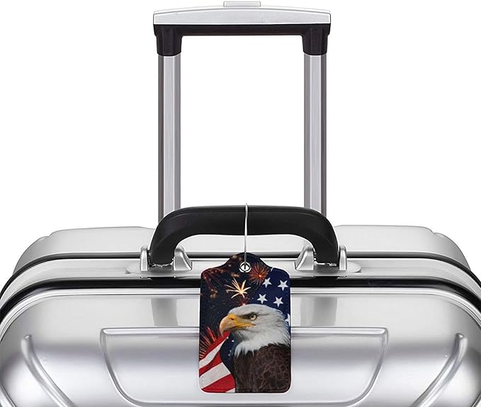 2 Pack Luggage Tags Travel American Flag Eagle PU Cute Leather Luggage Tag Name ID Labels with Privacy Cover Suitcases Women Men Girls Boys Fun Laggage Tags (American Eagle Flag)