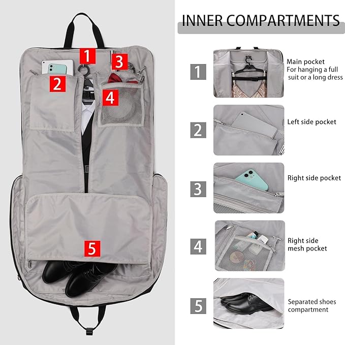 BE SMART Waterproof Foldable Garment Bags for Travel, 51" Large Travel Hanging Bags for Clothes, Carry on Suit Bag with Strap for Men Women, Wrinkle Free Luggage Suit Cover for Business Trips(Black)