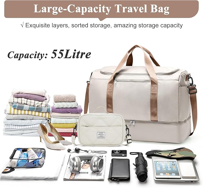 Extra Large Travel Duffle Bag,Carry on Overnight Bag with Shoes Compartment,Weekender Bags for Women for Travel Business Trips Sport Hospital,3 Pcs Set,Beige & Brown
