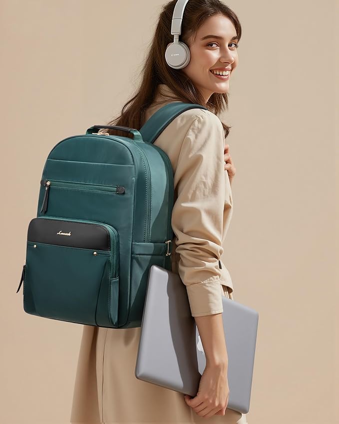 LOVEVOOK Laptop Backpack for Women with Leather Trim & Tumbler Pockets, 15.6" Work Backpack Purse, Travel Personal Item Bag, Carry On Business Computer Bag for Office, School, or Gift, Lustrous Pine