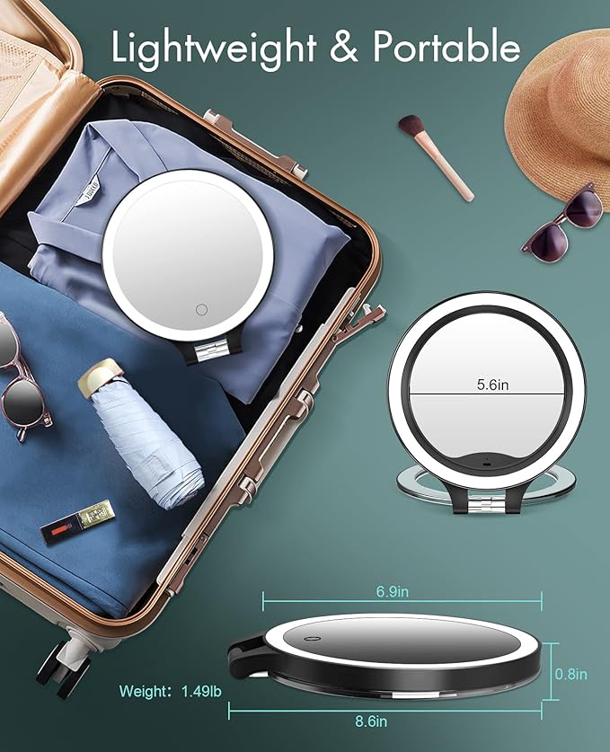 FASCINATE Magnifying Mirror 10X 1X Double Sided Magnification Makeup Vanity Mirror Rechargeable Lighted Mirror with 3 Color Setting Adjustable Rotation LED Vanity Desk Mirror
