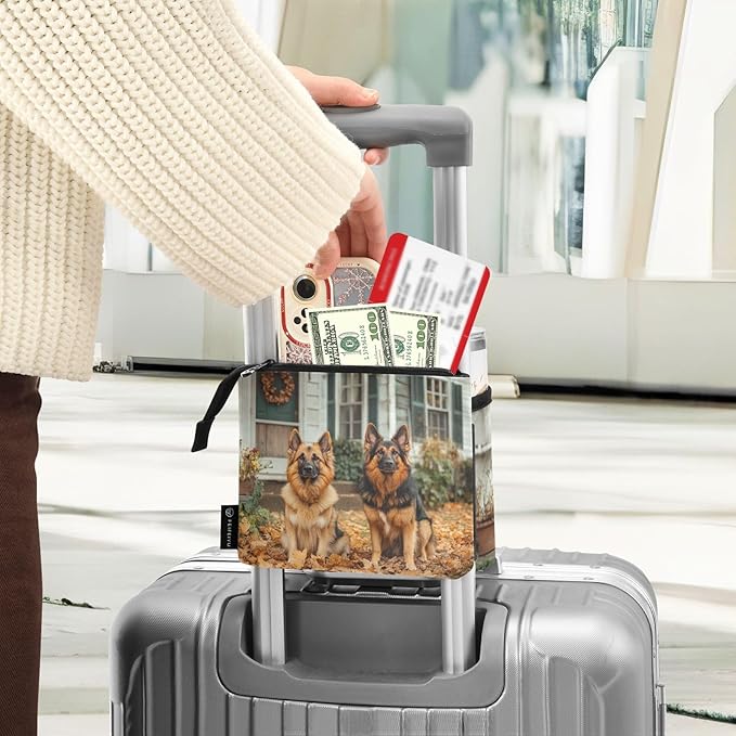 Cute Fall Leaves German Shepher Dogs Luggage Cup Holder Travel Portable Free Hand Drink Carrier Suitcase Drinks Beverage Holder Carry-On Bottle Mug Holder Organizer Bag Travelers Accessories