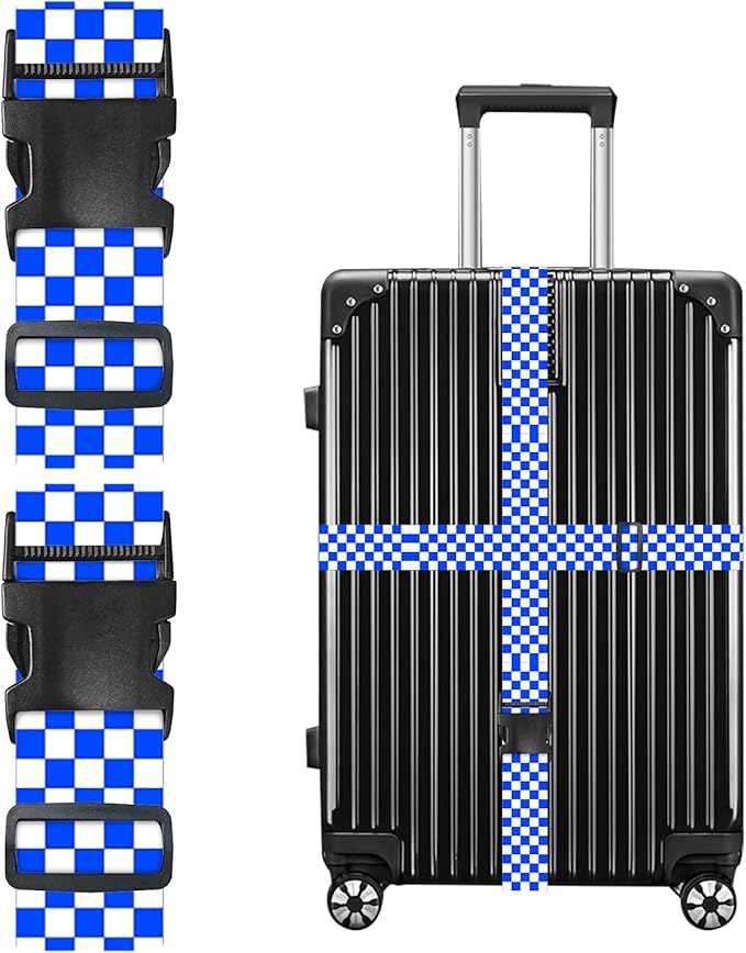 Nuxovilar Luggage Straps of 2 Set Blue White Checkered Pattern, 1.96x90.5 inches - Luggage Straps for Suitcases, Ideal for Sea Trips, Casual Trips, Daily Use