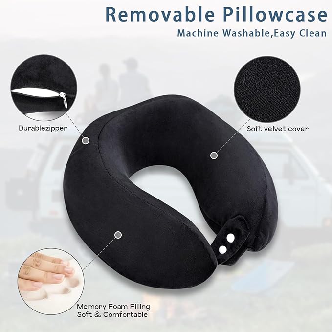 Neck Pillow Airplane Memory Foam Neck Pillow with Velvet Cover Soft Airplane Pillow for Sleeping Neck Support Travel Pillows for Adults Train Bus Office Home Black
