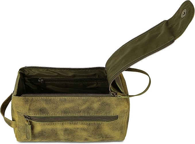KomalC Premium Buffalo Leather Toiletry Bag for Men & Women With Water resistant Lining, Grooming Travel Pouch, Unisex Wash Bag for Toiletries, Gifts for Men and Women