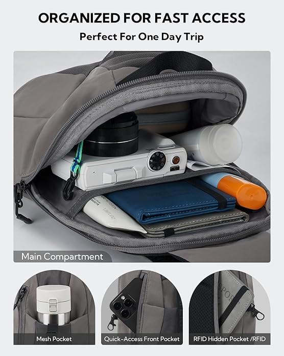 WATERFLY Small Crossbody Sling Backpack: RFID Blocking Anti Theft Sling Bag Travel Daypack Man Woman