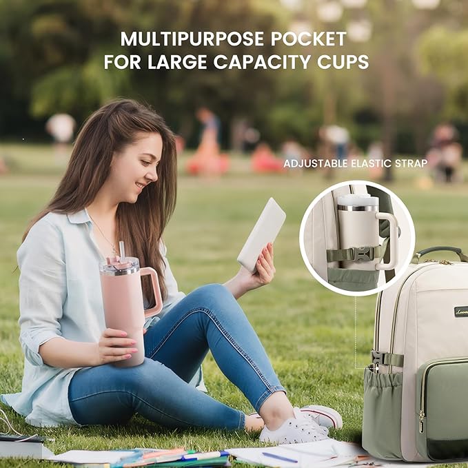 LOVEVOOK Laptop Backpack for Women with Pouch Pocket for Large Capacity Cup,15.6 Inch Laptop Computer Bag Travel Backpack Purse,Waterproof Work College Teacher Bags,White-Bean Green-Dark Olive Green