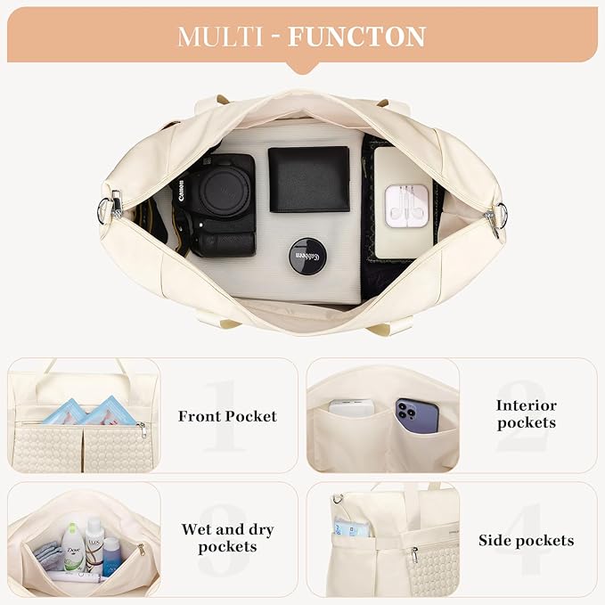 Maelstrom Gym Bag for Women,40L Travel Duffel Bag with Shoes Compartment and Wet Pocket,Waterproof Carry On Weekender Bag,Sport Gym Tote Bags Swimming Yoga, Hospital Holdalls（Beige)