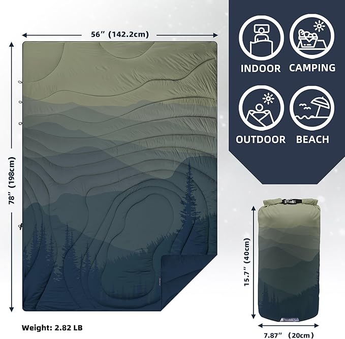 Camping Blanket Puffy - Outdoor Stadium Blanket Wearable, Lightweight, Packable, Machine Washable Camping Quilt for Traveling, Picnic, Beach, Party 78"x 56" (Green Hill Amidst)