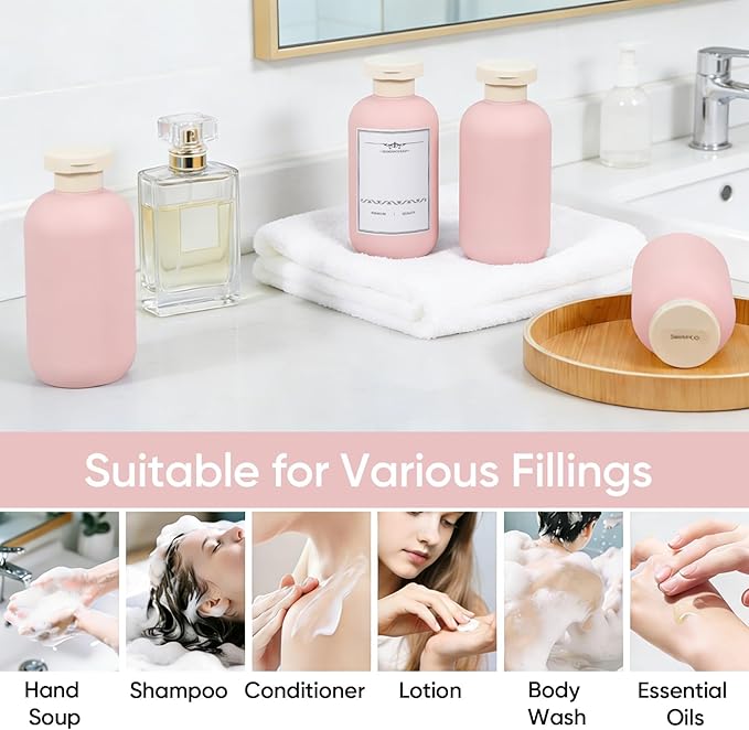 DEMORA 6.6oz Travel Bottles for Toiletries, Larger Plastic Travel Squeeze Bottles Leak Proof Refillable Toiletry Containers with Flip Caps and Labels for Shampoo Conditioner Lotion (Pink, 4 Pcs)