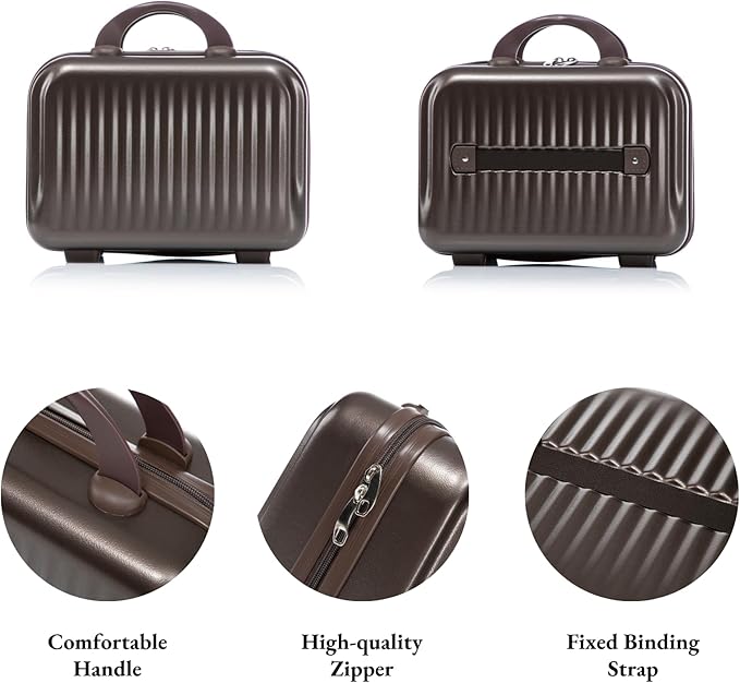 2 Pcs ABS Spinner Luggage Set - 14" Cosmetic Case & 20" Carry-On with Combination Lock, Front Opening Design, Brown