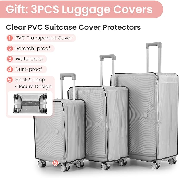 3 Piece Luggage Set 100% PC Hardshell, Front Opening Expandable Suitcase (20/24/28) with Laptop Compartment & Free Custom PVC Covers, Trunk Style Lightweight Spinner Wheels TSA Lock (Pink)