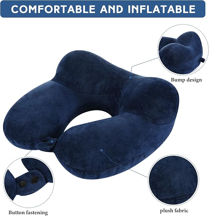 Sintuff 2 Pack Inflatable Travel Pillow for Airplanes Inflatable Neck Flight Pillows with Compact Bag and Blindfold for Traveling, Airplane, Train, Car, Office(Blue and Dark Gray)