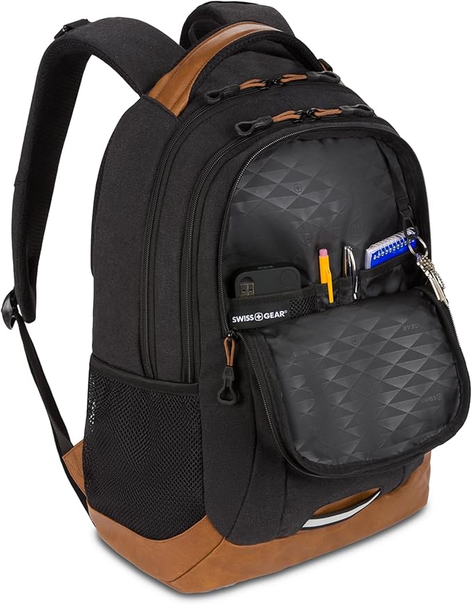 SWISSGEAR Cecil 18-Inch Laptop Backpack Fits 16-Inch Laptop, Travel Daypack with Organizer Pockets, Water Bottle Holders & Padded Straps – Black Canvas/Brown