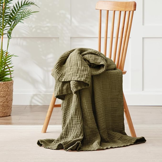 100% Cotton Muslin Blanket 40" x 40", Breathable and Lightweight Cotton Throw Blankets, Soft Cooling Summer Gauze Blanket for All Season, Oive Green