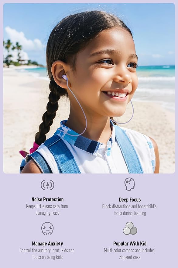 Kids Ear Plugs (6-12 Years) with Cord, Kids Ear Protection Reusable Noise Relief Earplugs for Focus, Travel, Concert, Socializing, Events, Sleep, Anxiety, Home, School, Playtime -26dB Noise Reduction