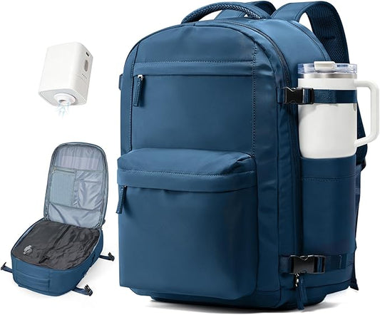 Vacuum Travel Backpack with Pump for Women,Personal Item Carry on Backpacks Flight Approved 18x14x8 inches for Men,Laptop Waterproof Work Compression bags Casual Daypack. Blue.