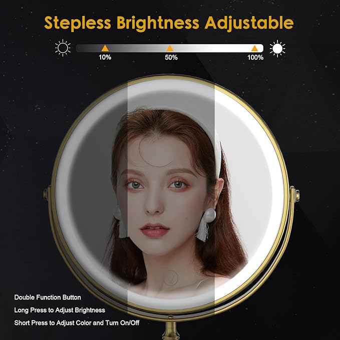 DEIOVWXS Makeup Mirror, 3000mAh Rechargeable Double-Sided Magnifying Vanity Mirror with 3 Colors, 1X/10X, 360° Rotation, Adjustable Brightness, Gifts for Mom, Women,Wife, Girls, Dorm Room Essential
