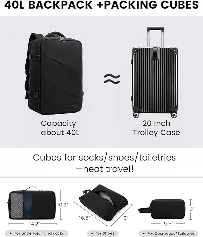 LOVEVOOK Travel Carry on Backpack, Large 40L Personal Item Travel Bag for Men & Women Flight Approved with 3 Packing Cubes, Suitcase Water Resistant Luggage Daypack Business Weekender Bag, Black