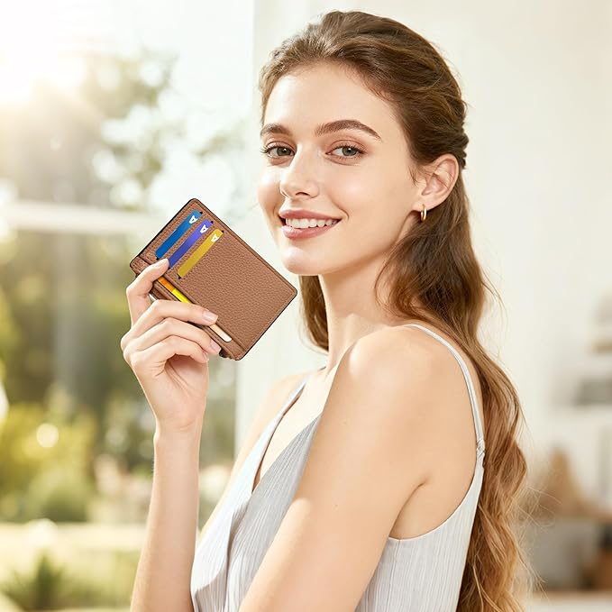 Tipmile Credit Card Holder for Women Slim Minimalist Front Pocket RFID Blocking Wallet Small Compact Card Case with ID Window, Brown
