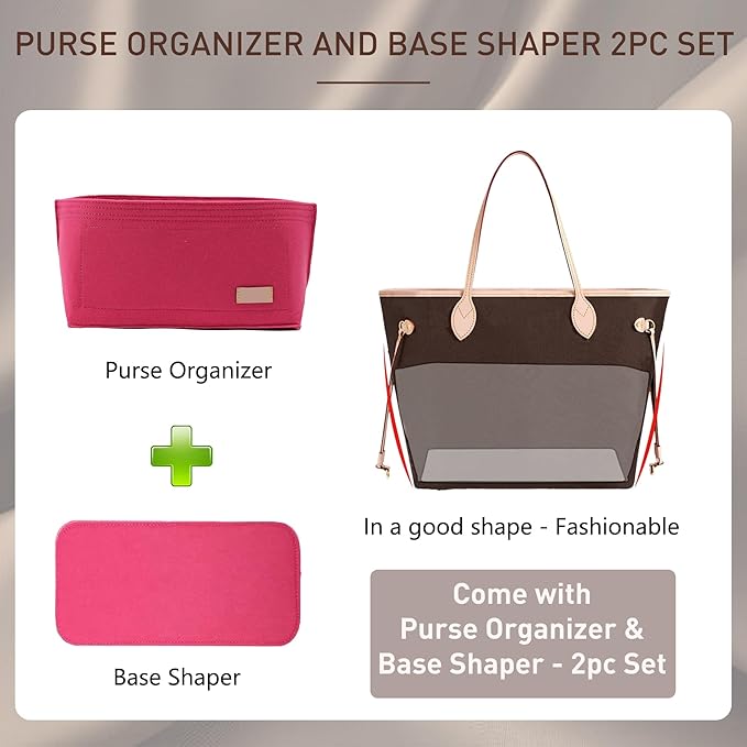 Doxo Purse Organizer Insert & Base Shaper 2pc Set, Felt Handbag & Tote Bag Fit L Speedy 30 Nererfull MM More(L-Rose)