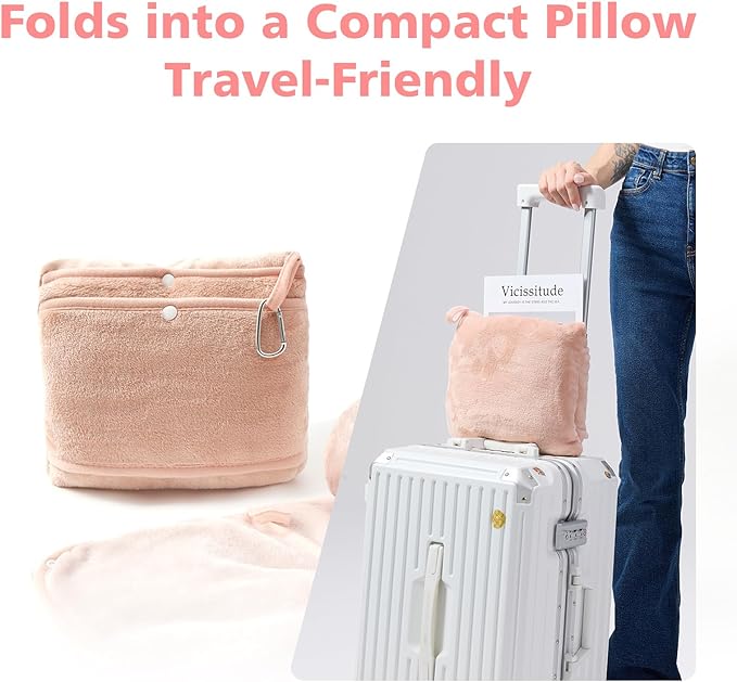 Travel Blanket with Carry Bag, Lightweight Wearable Airplane Blanket, Soft Packable Throw for Travel & Office Blush Pink