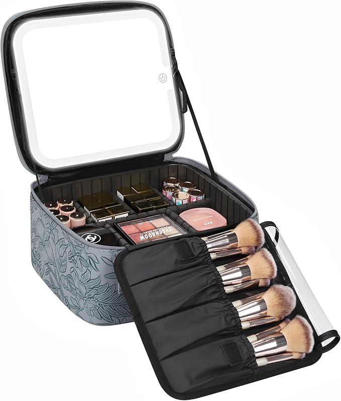 Relavel Travel Makeup Bag With LED Mirror for Women, Cosmetic Organizer Bag with Adjustable Brightness in 3 Color Scenarios, Detachable Dividers, Waterproof Train Case for Daily - Dark Blue FLowers