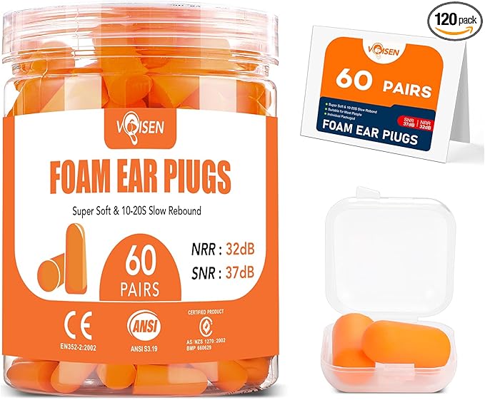 VOISEN 60 Pairs Foam Ear Plugs, Ear Plugs for Sleeping Noise Cancelling, 32dB NRR, 37dB SNR Earplugs for Sleeping, Snoring, Studying, Loud Events, Traveling & Concerts, A Storage Box, Orange