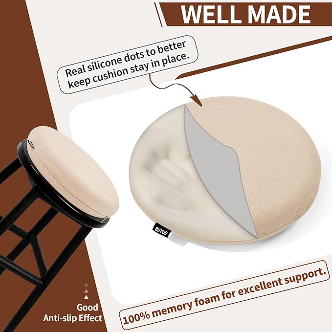 BUYUE Memory Foam Seat Cushion, Dia 13" Soft Velvet Round Stool Cushion Anti-Slip Chair Pads, S, Beige