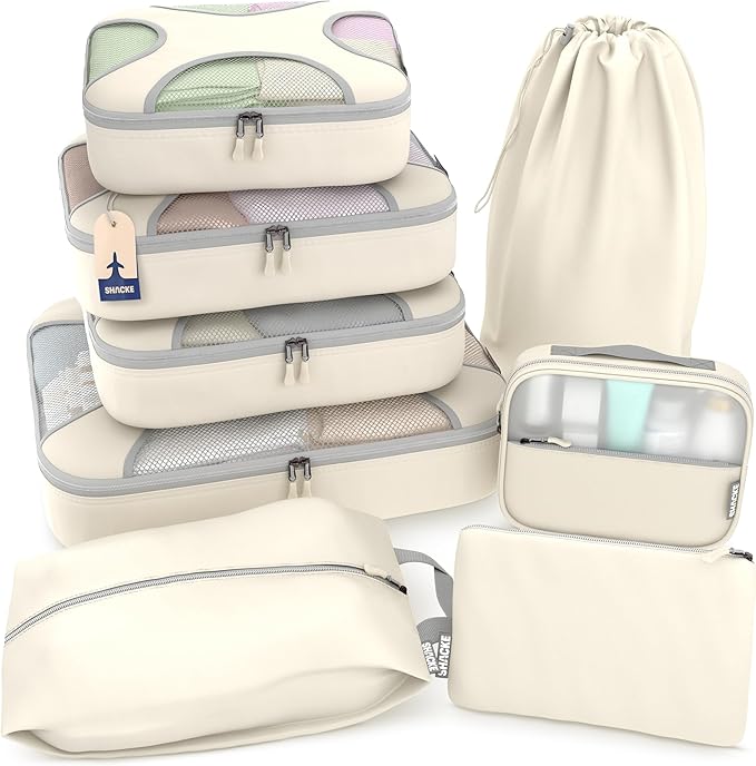 Shacke Packing Cubes for Travel 8 Set - Compression Luggage Organizer Bags - Versatile Travel Organizer for Women and Men - Optimized Packing Bags - Travel Essentials ((Sand)