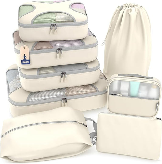 Shacke Packing Cubes for Travel 8 Set - Compression Luggage Organizer Bags - Versatile Travel Organizer for Women and Men - Optimized Packing Bags - Travel Essentials ((Sand)