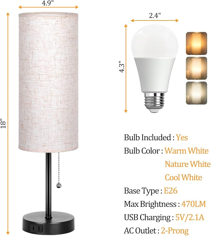 Dott Arts 18" Table Lamp for Bedroom, 3-Color Bedside Lamps with Pull Chain | Bedroom Table Lamps for Nightstand,AC Outlet Small Lamp for Living Room, Bulb Included Flax