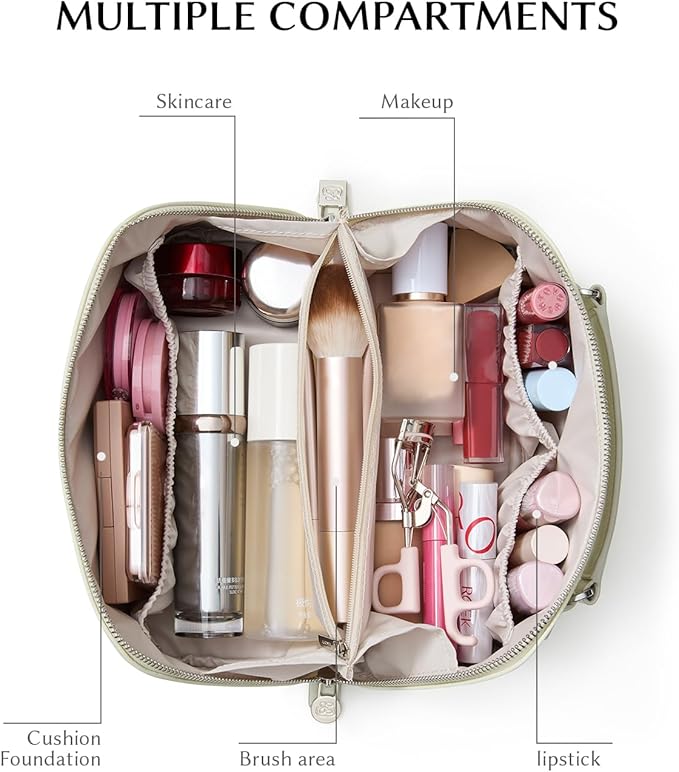 EACHY Travel Makeup Bag, Large Capacity Cosmetic Bag for Women, Waterproof PU Leather, Flat Open Portable Toiletry Bag for Skincare, Brushes & Travel Essentials