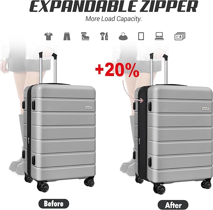 SmileLine 3-Piece Luggage Set Lightweight Hardside Suitcase TSA Lock Spinner Wheels, 20" Expandable Carry-On Luggage with Quick Access Front Open Pocket, Bonus Makeup Bag,Silver